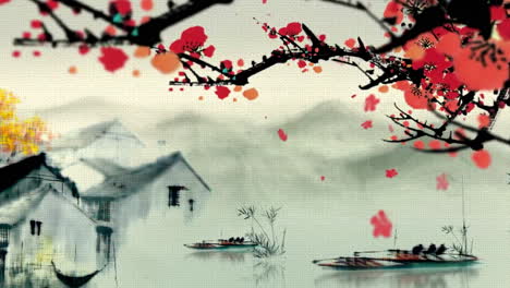 村庄河流和梅花水墨画
